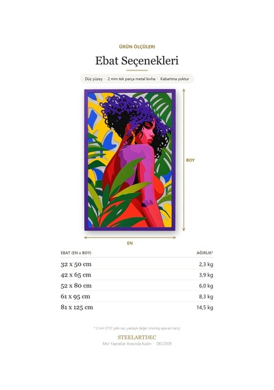 Mor Yapraklar Arasında Kadın Metal Tablo 61x95 Cm Çok Renkli