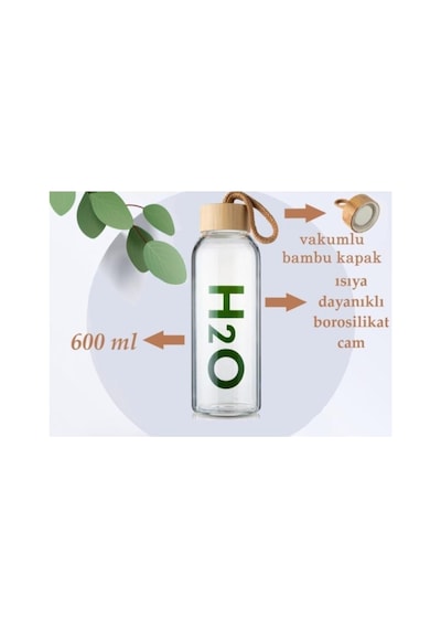 H2o Borosilikat Cam Matara Bambu Vakum Kapaklı Su Şişesi Suluk Beyaz