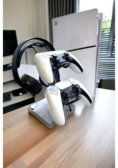 Gri Ahşap Ve Siyah Metal Gaming Ps4 Ps5 Xbox Joystick Kontroller Tutucu Ve Kulaklık Dikey Standı