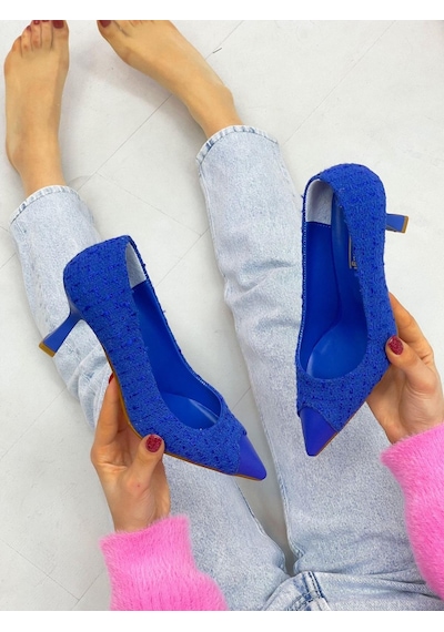 Ervanın Butiği Saks Mavi Tüvit Tress Maskelet Detay Kadın Stiletto-4097