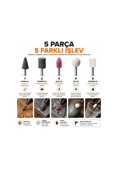 Vıvaluxe Kınetex 5 Parça Matkap Ucu Taşlama Seti, Aşındırıcı Taşl