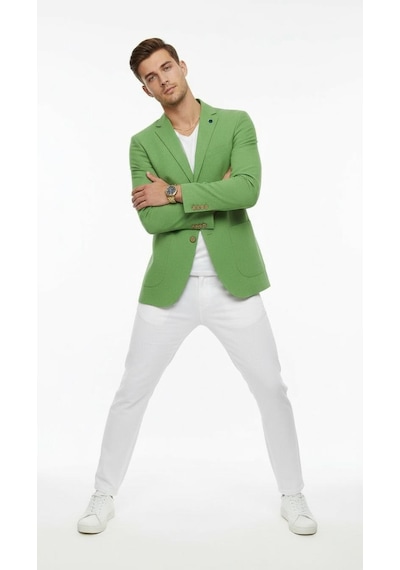 Plus Scorpion Erkek Slim Fit Blazer Ceket Tek Düğmeli Çift Yırtmaçlı Torba Cepli Yarım Astarlı Yeşil