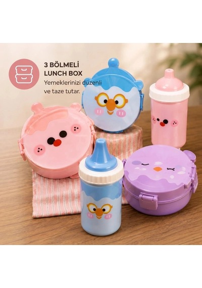 Özel Üretim Okul Kreş Çocuk Lunch Box Beslenme Ve Yemek Seti - Sızdırmaz Mataralı - 3 Bölmeli Kap Diğer