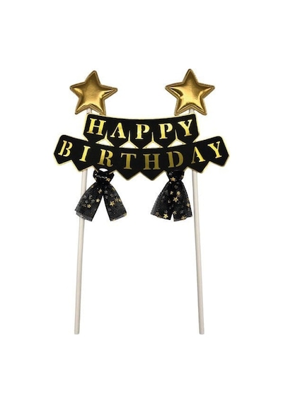 Pasta Üstü Çubuklu Happy Birthday Yıldızlı Tüllü Siyah Süs Doğum Günü Parti Dekoru +3
