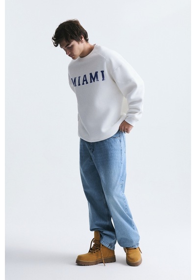 Vamos Miami Baskılı Bisiklet Yaka Sweatshirt Ekru