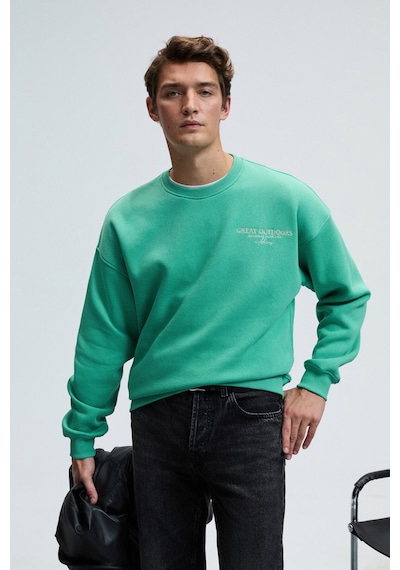Grimelange PERCY Erkek Yuvarlak Yaka Göğsü Nakışlı Sırtı Baskılı Oversize Yeşil Sweatshirt