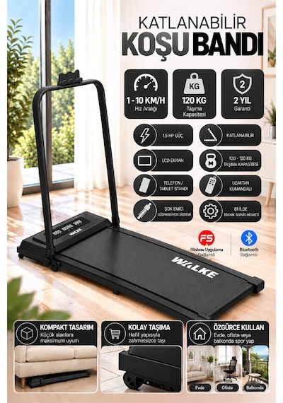 Walke W-fit Bluetoothlu Uygulamalı Uzaktan Kumandalı Koşu Bandı 10 Km Hız (Yenilenmiş Tasarım)