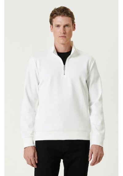 Barlashive Erkek 3 İplik Pamuklu Uzun Kol Yarım Farmuarlı Yakalı Sweatshirt - - Beyaz Çok Renkli