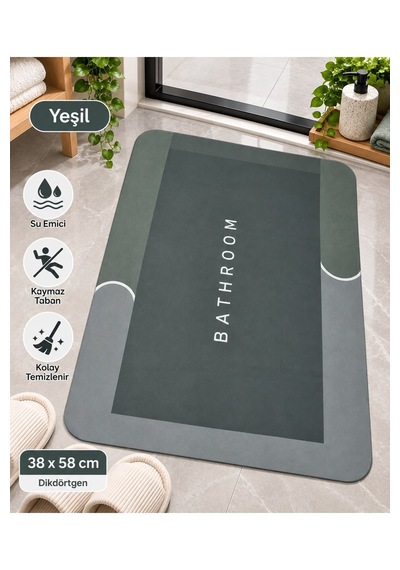 Sihirli Banyo Paspası 38x58 Cm Süper Su Emici, Kaydırmaz Ve Hızlı Kuruyan Dikdörtgen Yeşil