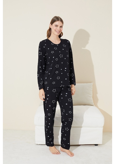 Siyah İnci Siyah Yıldız Desenli Pamuklu Pijama Takımı Siyah Yıldız Desen Siyah İnci Siyah Yıldız Desenli Pamuklu Pijama Takımı Siyah Yıldız Desen