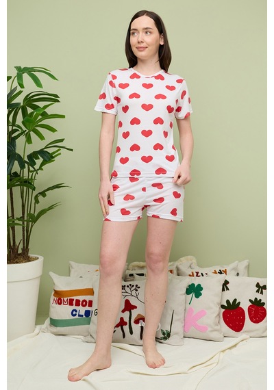 Fullamoda Kalp Baskılı Bisiklet Yaka Şortlu Pijama Takımı Beyaz