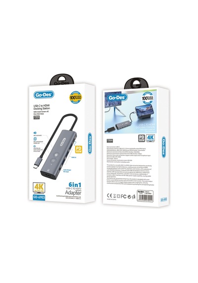 Go Des Gd-6903 Type-c Bağlantılı 6in1 Hub Adaptör Usb3.0/hdmi/pd 100w/4k Ultra Hd 30hz/5gbps Gri