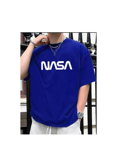 Medinenur Unisex Nasa Baskılı Siyah Tshirt Mavi
