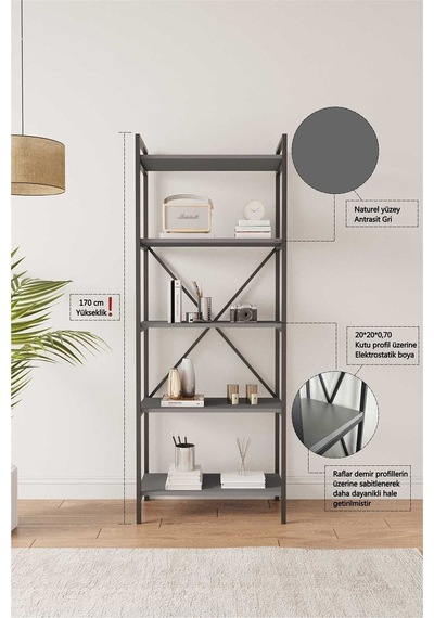 Nilamu Antrasit 65 Cm Kitaplık, Metal Aksamlı, Organizer, Ofis, Ev, 65 170 34 Cm Antrasit Nilamu Antrasit 65 Cm Kitaplık, Metal Aksamlı, Organizer, Ofis, Ev, 65 170 34 Cm Antrasit
