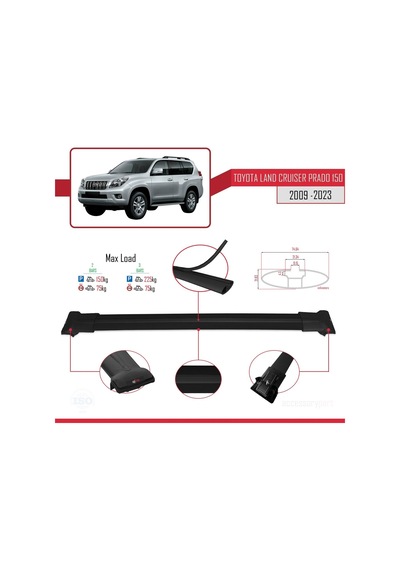 Toyota Land Cruiser Prado J150 2009-2023 Arası İle Uyumlu Fly Model Ara Atkı Tavan Barı Siyah