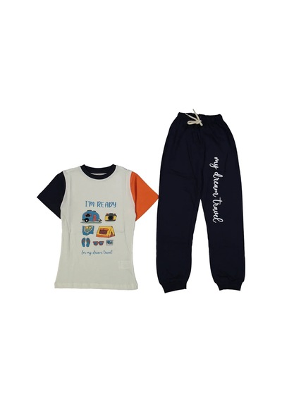 Bebegen Erkek Çocuk Ekru Füme Yakalı Kamp Baskılı Pijama Takımı Çok Renkli