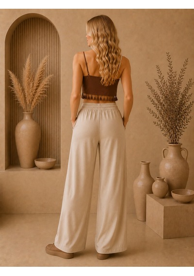 Mitodo.com Casual Örme Kumaş 2 Cepli Belden Ayarlamalı Pantolon Bej
