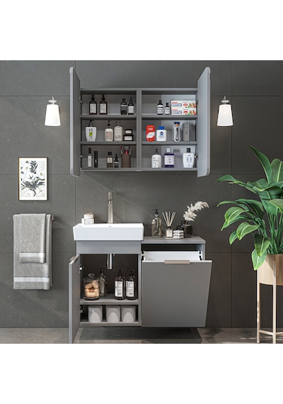 Dubai Sepetli Mdflam Banyo Dolabı, Lavabolu Banyo Alt Dolabı + Aynalı Banyo Üst Dolabı Takımı Kül Gri Dubai Sepetli Mdflam Banyo Dolabı, Lavabolu Banyo Alt Dolabı + Aynalı Banyo Üst Dolabı Takımı Kül Gri