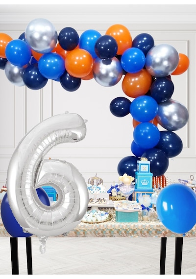 6 Yaş Kozmik Temalı Doğum Günü Seti Kozmik Mavi Turuncu Gümüş Mavi Balonlar Gümüş Folyo Rakam Çok Renkli