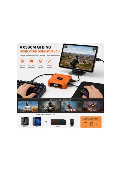 Ax360m İos Klavye Mouse Dönüştürücü İphone & İpad Mobil Oyun Adaptörü Kurulum Destekli Turuncu - 890062185