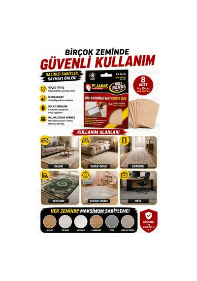 Halı Kaydırmaz Bant 8 Adet 4x10 Cm Çift Taraflı Güçlü Yapışkan Hazır Kesilmiş İz Bırakmayan Halı Sab