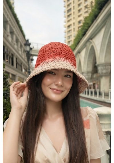 Mollycrush Kadın Kırmızı Geçişli Hasır Örgü Bucket Yazlık Plaj Ve Tatil Şapkası Kırmızı