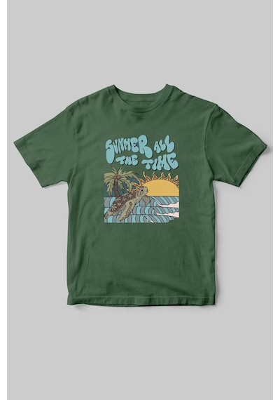 Yaz Zamanı Summer Time Caretta Caretta Deniz Kum Güneş Baskılı Regular Fit %100 Pamuk Haki T-shirt Haki