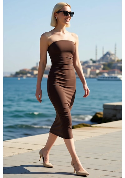 Benerly Kadın Straplez Bodycon Maxi Elbise Kolsuz Derin Yırtmaçlı Poplin Kahverengi