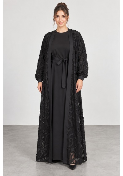 Bihan Store Kadın Tam Boy Uzun Kollu İç Elbiseli İkili Abaya Takım W27-9002 - Siyah