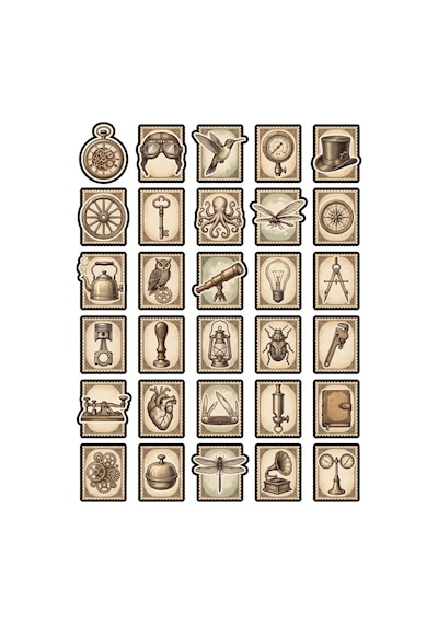 30 Adet Vintage Steampunk Pul Sticker Seti - Laptop Defter Scrapbook İçin Estetik Paket Çok Renkli