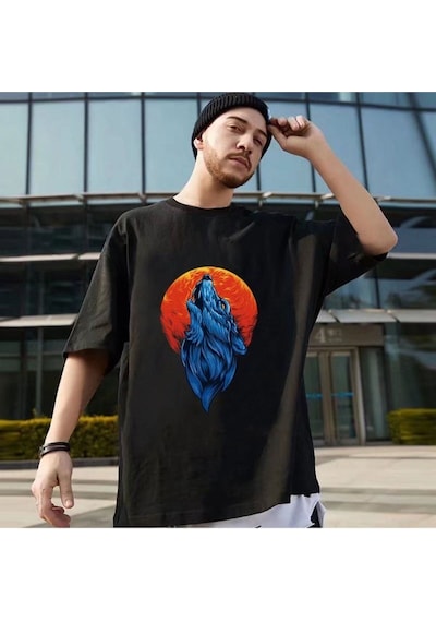Flood Of Style Erkek Siyah Kurt Baskılı Oversize Biziklet Yaka Tişört