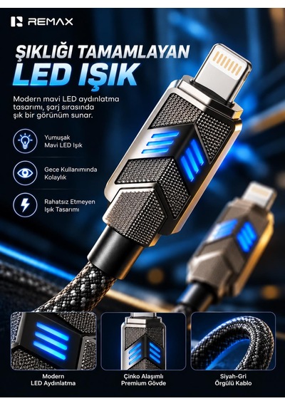 Remax Cb05-cl Bumblebee Serisi 30w Pd Type-c To Lightning Led Işıklı Çinko Alaşımlı Örgülü Hızlı Şarj Ve Data Kablosu 1.2 Metre Siyah
