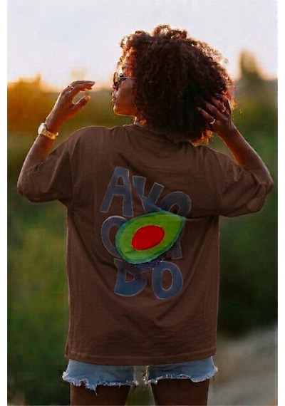 Avacado Sırt Baskılı Oversize Unisex Pamuklu Tişört Kahve
