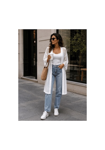 Qmen Style Kadın Plaj Bornozu Beyaz File Kumaş. Beyaz