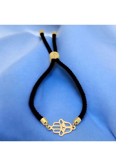 Y Harfine Özel Hamsa Motifli 14 Ayar Altın Plakalı Siyah İpek Örgülü Hediye Bileklik-509harf Y