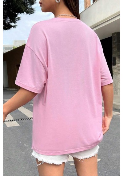Energetic Ön Baskılı Bisiklet Yaka Kadın Oversize Tshirt Pembe