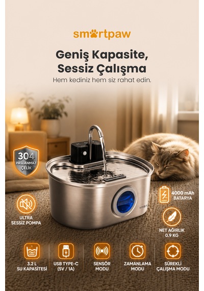 Smartpaw Aqua Max Sensörlü Kedi Su Pınarı Distribütör Garantili