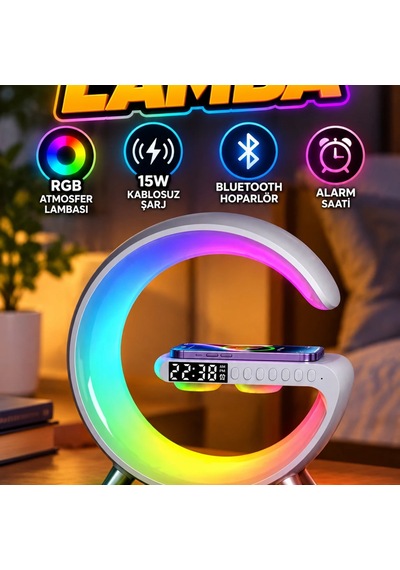 15w Kablosuz Şarjlı Atmosfer Lambası Bluetooth Hoparlör Ve Alarm Saatli