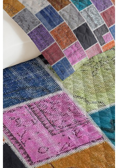 Patchwork Geometrik Renkli Tek Kişilik Dekoratif Pike Takımı-retro Mor Mozaik 160x220cm Yatak Örtüsü Kırçıllı Kireç Harmonu