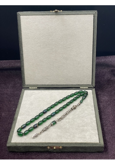 Alpaka Kral Zincir Püsküllü Koyu Yeşil Ateş Kehribar Tesbih 7x11 Mm