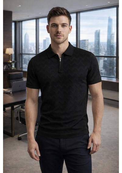 Erkek Slim Fit Fermuarlı Polo Yaka Triko Tişört Siyah
