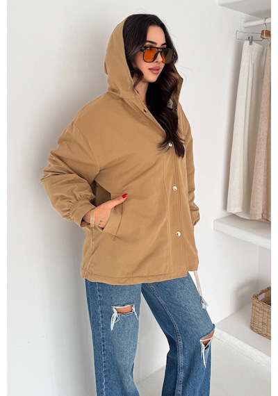 Kadın Peluş Astarlı Kapüşonlu Mont Winter Hug Bej