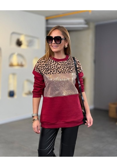 Soonaksesuar Kadın Üç Iplik Şardonlu Kumaş Leopar Desenli Bluz Bordo