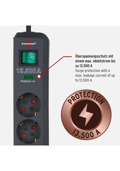 Brennenstuhl Eco Line Serisi 13.500a Akım Koruyucu 6 Soketli Priz, Siyah