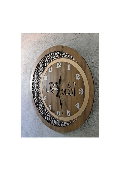 Ahşap Ve Aynalı Allah-muhammed Motifli Normal Rakamlı Duvar Saati Kahverengi