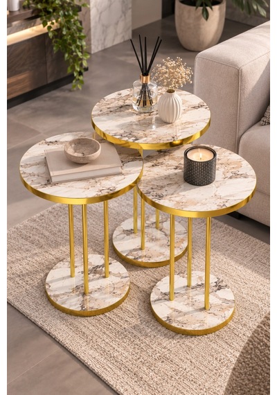 Sulorahome Efes Mermer Desenli Beyaz Ve Gold Metal Ayaklı 3'lü Zigon Sehpa Takımı Tablalar Beyaz Mermer / Ayaklar Gold