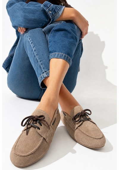 Luvi Shoes Osney Koyu Bej Süet Hakiki Deri Bağcıklı Kadın Loafer Ayakkabı