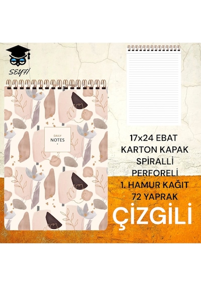 17x24 Cm Çizgili 72 Yaprak Üstten Açılır Karton Kapak Telli Defter Beyaz Sayfa 1.hamur Kağıt Perfore Çiçek