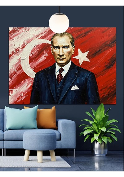 Bayrak Önünde Atatürk Portre Dekoratif Kanvas - Mdf Ahşap Tablo