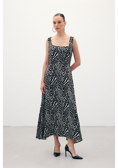 Sateen Kare Yaka Zebra Desenli Elbise - Siyah-136360 Siyah
